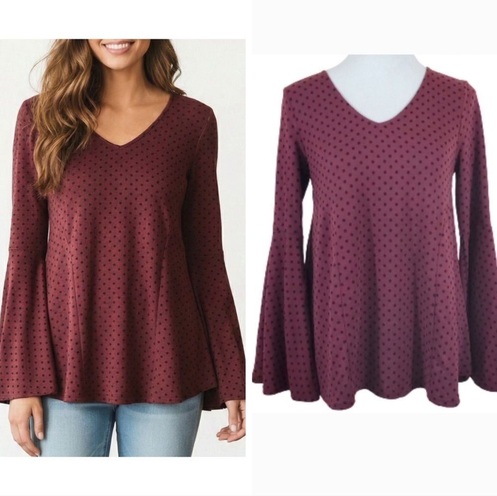 Bell Sleeve Polka Dot top Burgundy & Black Women's size small from Q & A